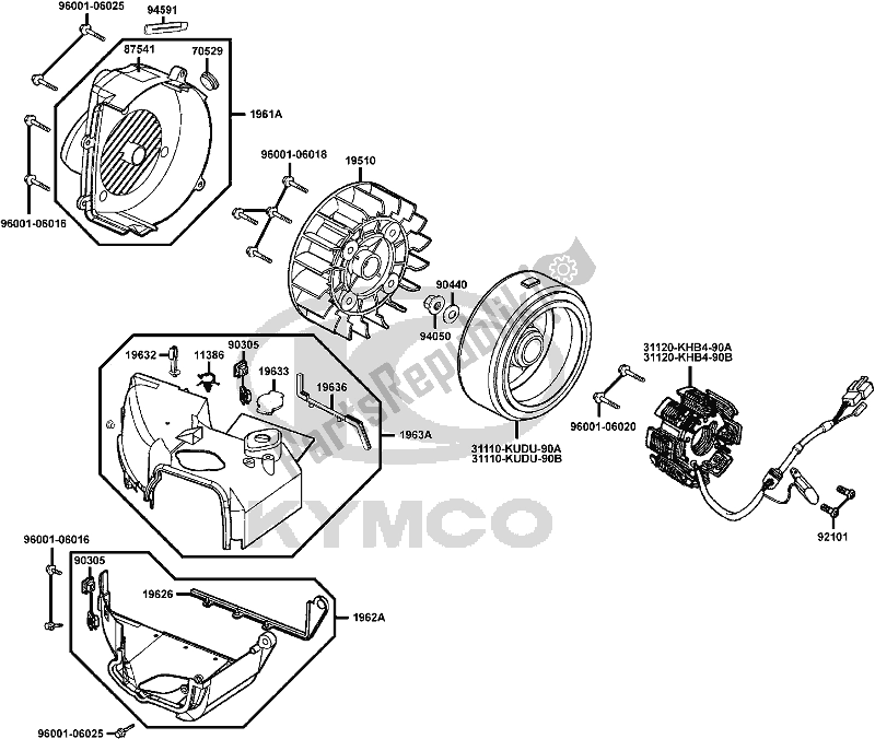 Alle onderdelen voor de E07 - Fan Cover/ Generator van de Kymco BA 30 AA AU -People 150 30150 2005